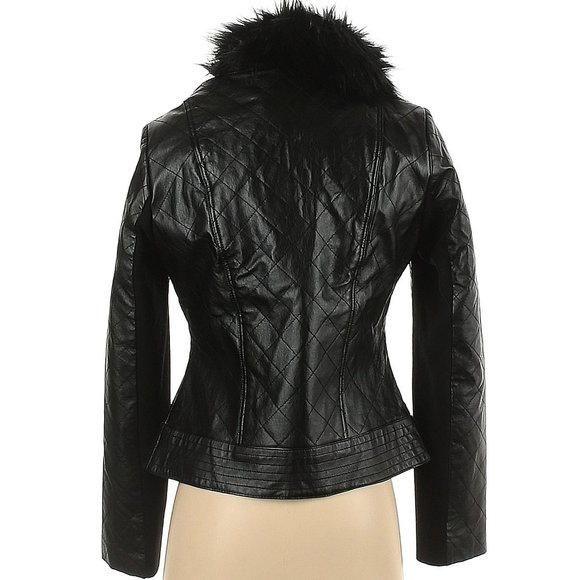 IMAN 100% Leather Solid Black jacket faux fur trim, Size XS NWT - Picture 2 of 2
